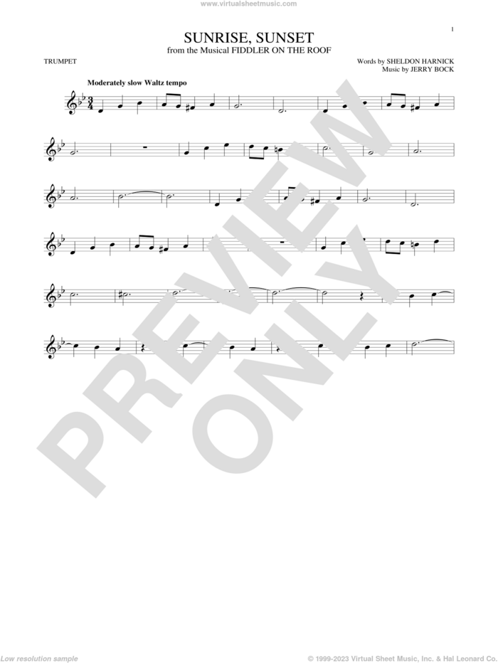 Sunrise, Sunset sheet music for trumpet solo by Jerry Bock and Sheldon Harnick, intermediate skill level