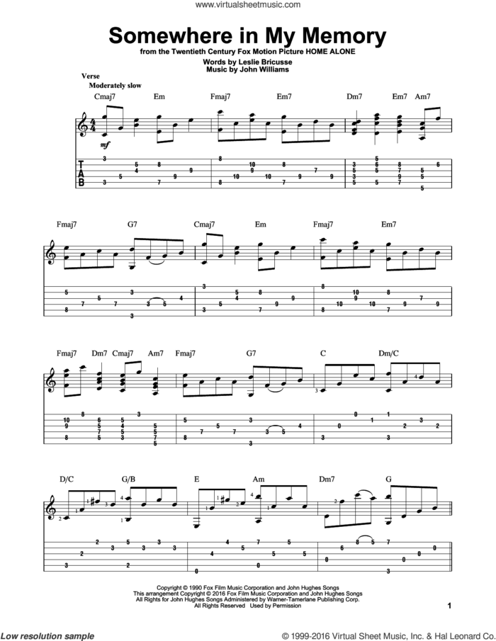 Somewhere In My Memory sheet music for guitar solo by John Williams and Leslie Bricusse, intermediate skill level