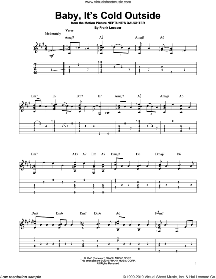 Baby, It's Cold Outside sheet music for guitar solo by Frank Loesser, intermediate skill level