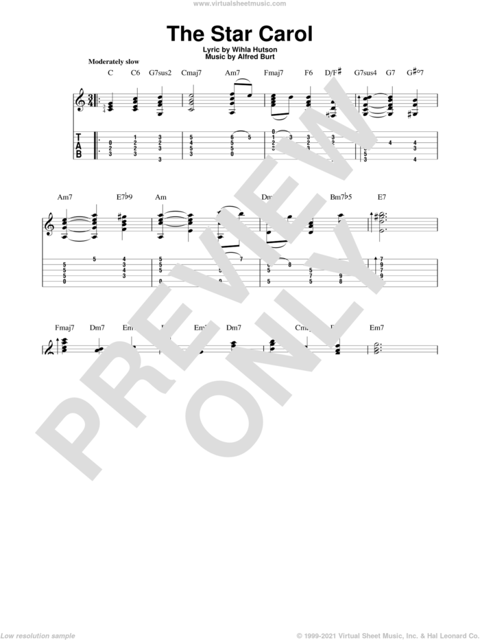 The Star Carol sheet music for guitar solo by Alfred Burt and Wihla Hutson, intermediate skill level