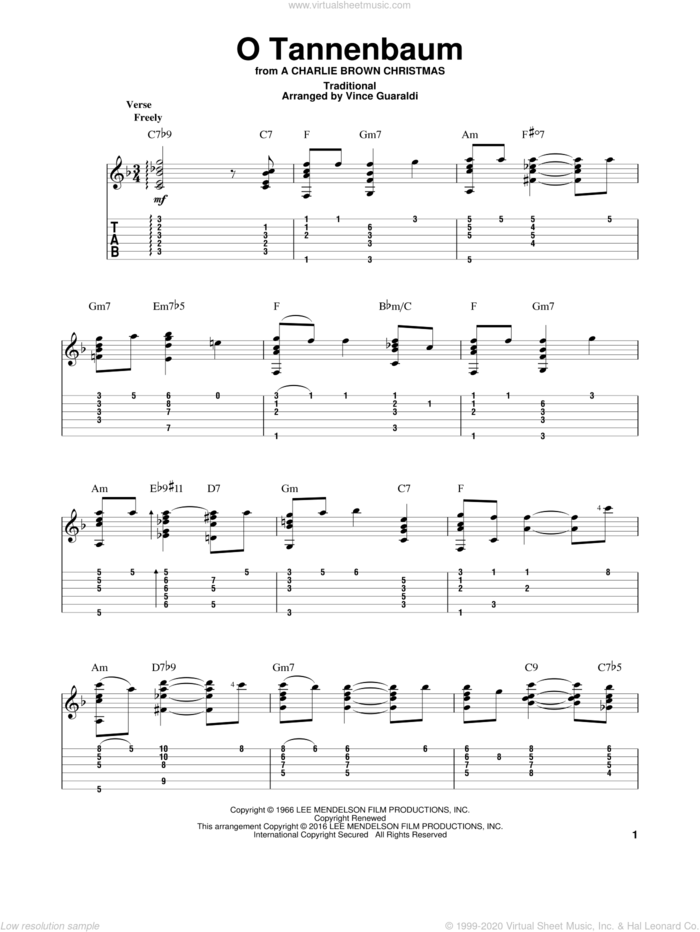 O Tannenbaum sheet music for guitar solo by Vince Guaraldi, Miscellaneous and Vince Guaraldi (arr.), intermediate skill level