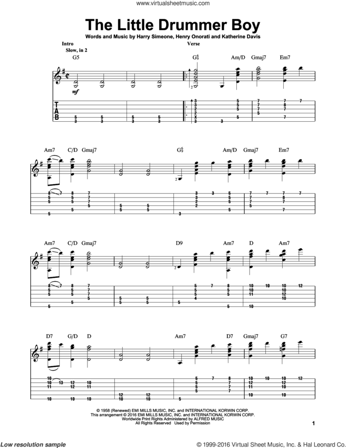 The Little Drummer Boy sheet music for guitar solo by Katherine Davis and Harry Simeone, intermediate skill level