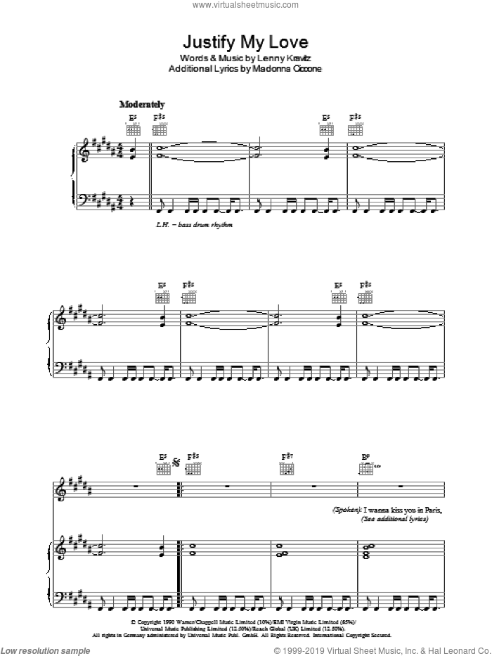 Justify My Love sheet music for voice, piano or guitar by Madonna and Lenny Kravitz, intermediate skill level