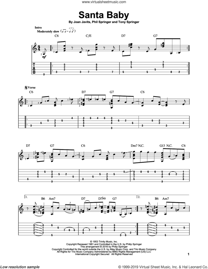 Santa Baby sheet music for guitar solo by Joan Javits and Eartha Kitt, intermediate skill level