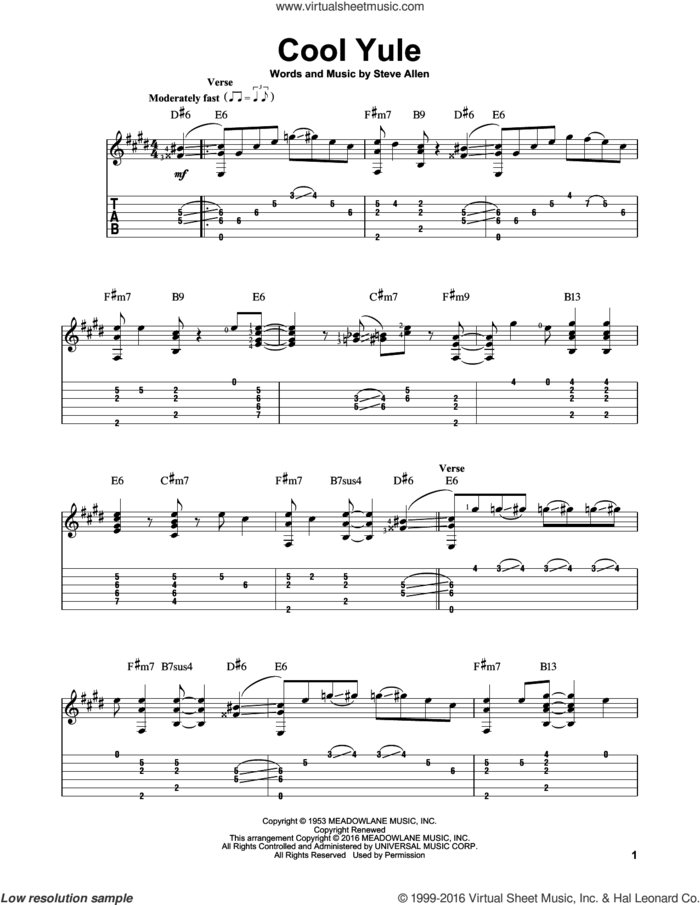 Cool Yule sheet music for guitar solo by Louis Armstrong and Steve Allen, intermediate skill level