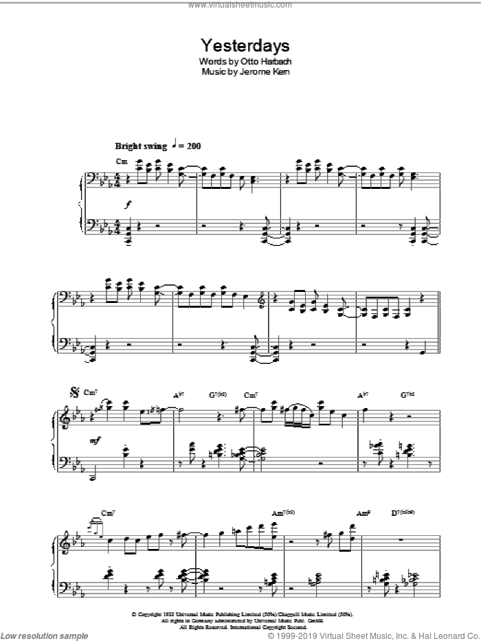Yesterdays sheet music for piano solo by Dudley Moore, Jerome Kern and Otto Harbach, intermediate skill level