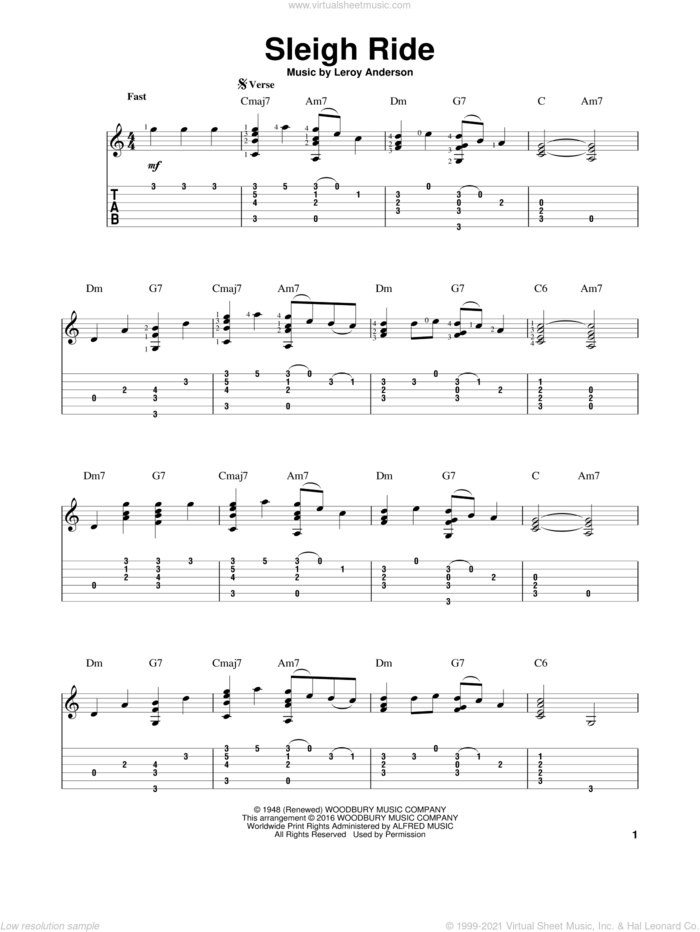Sleigh Ride sheet music for guitar solo by Leroy Anderson and Mitchell Parish, intermediate skill level