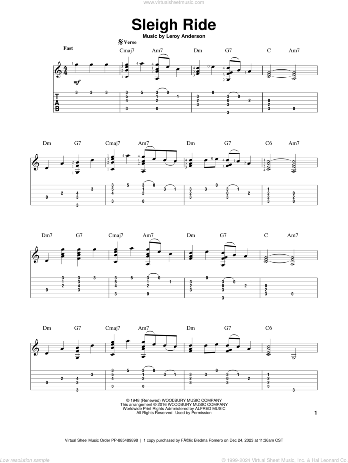 Sleigh Ride sheet music for guitar solo by Leroy Anderson and Mitchell Parish, intermediate skill level