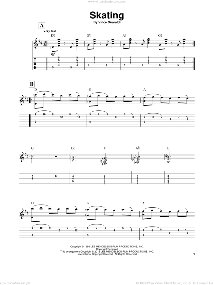 Skating sheet music for guitar solo by Vince Guaraldi, intermediate skill level