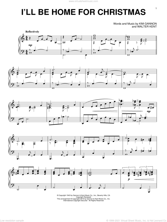 I'll Be Home For Christmas sheet music for piano solo by Carpenters, Kim Gannon and Walter Kent, intermediate skill level
