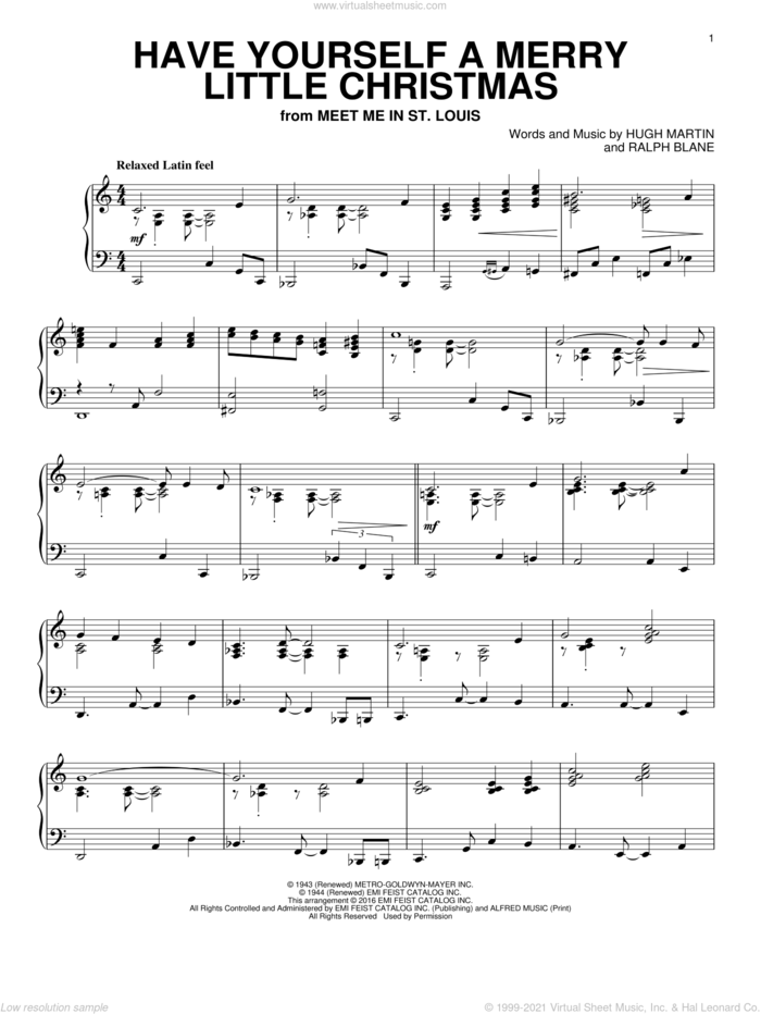 Have Yourself A Merry Little Christmas sheet music for piano solo by Hugh Martin and Ralph Blane, intermediate skill level