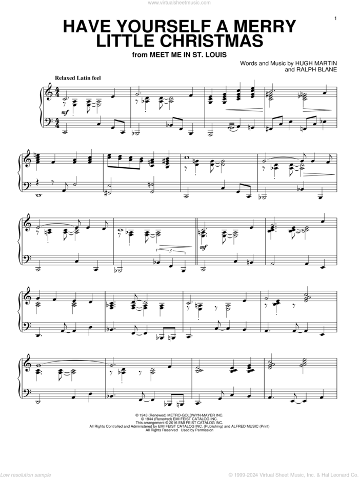 Have Yourself A Merry Little Christmas, (intermediate) sheet music for piano solo by Hugh Martin and Ralph Blane, intermediate skill level