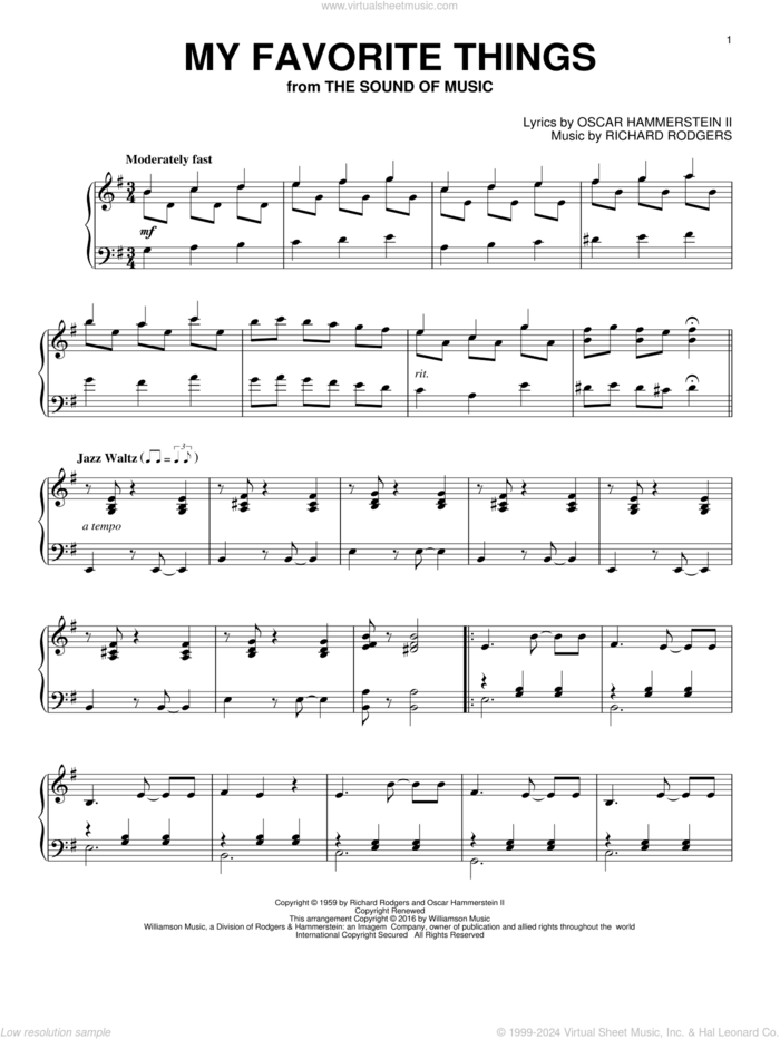 My Favorite Things (from The Sound Of Music) sheet music for piano solo by Richard Rodgers, Oscar II Hammerstein and Rodgers & Hammerstein, intermediate skill level