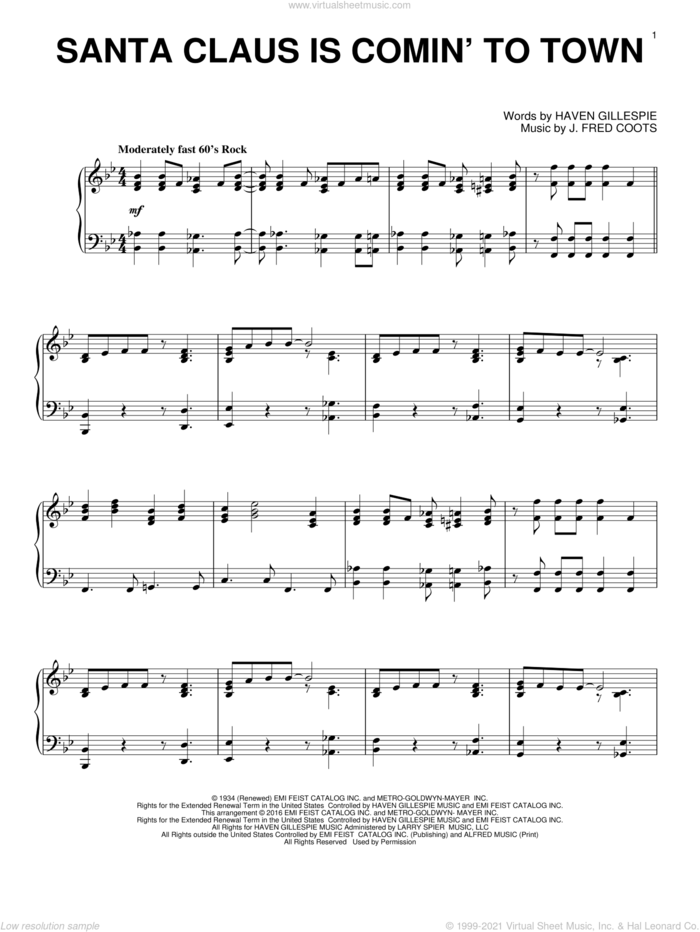 Santa Claus Is Comin' To Town sheet music for piano solo by J. Fred Coots, intermediate skill level
