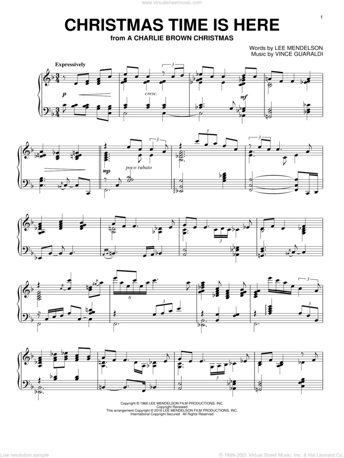 Christmas Time Is Here sheet music for piano solo by Vince Guaraldi and Lee Mendelson, intermediate skill level