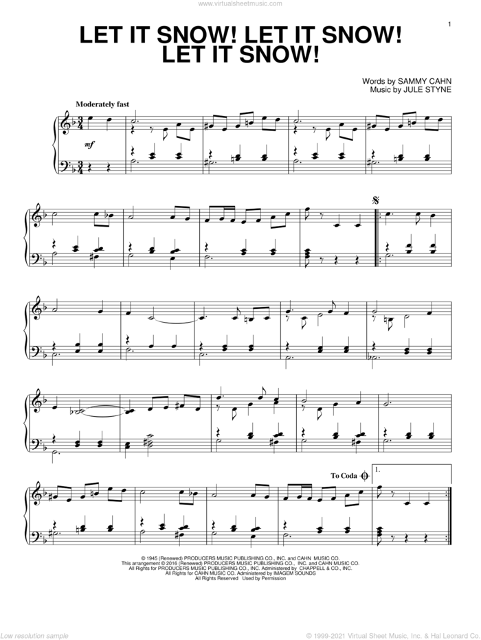 Let It Snow! Let It Snow! Let It Snow! sheet music for piano solo by Sammy Cahn and Jule Styne, intermediate skill level