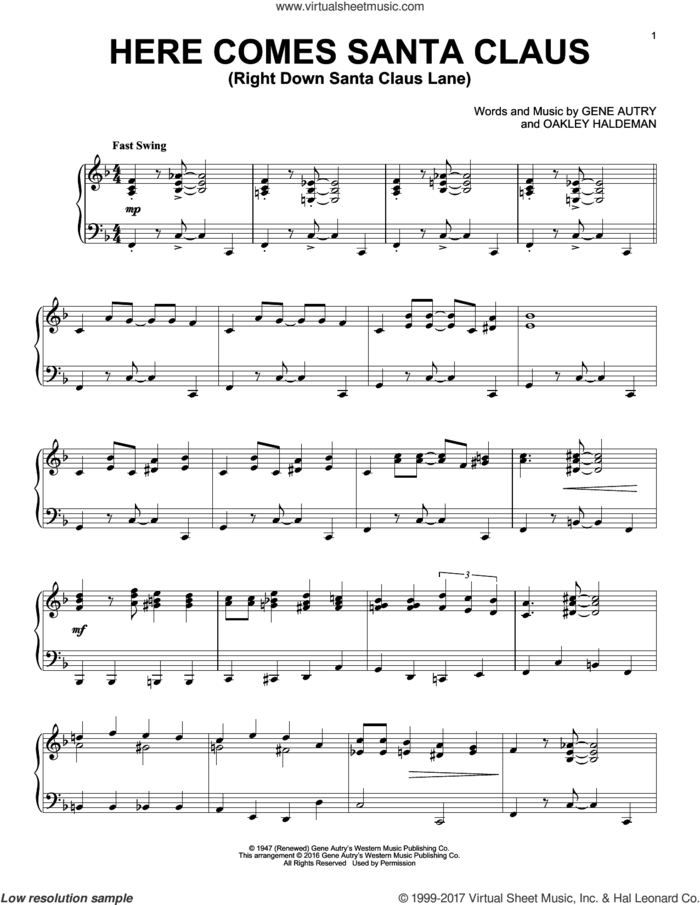 Here Comes Santa Claus (Right Down Santa Claus Lane) sheet music for piano solo by Gene Autry and Oakley Haldeman, intermediate skill level