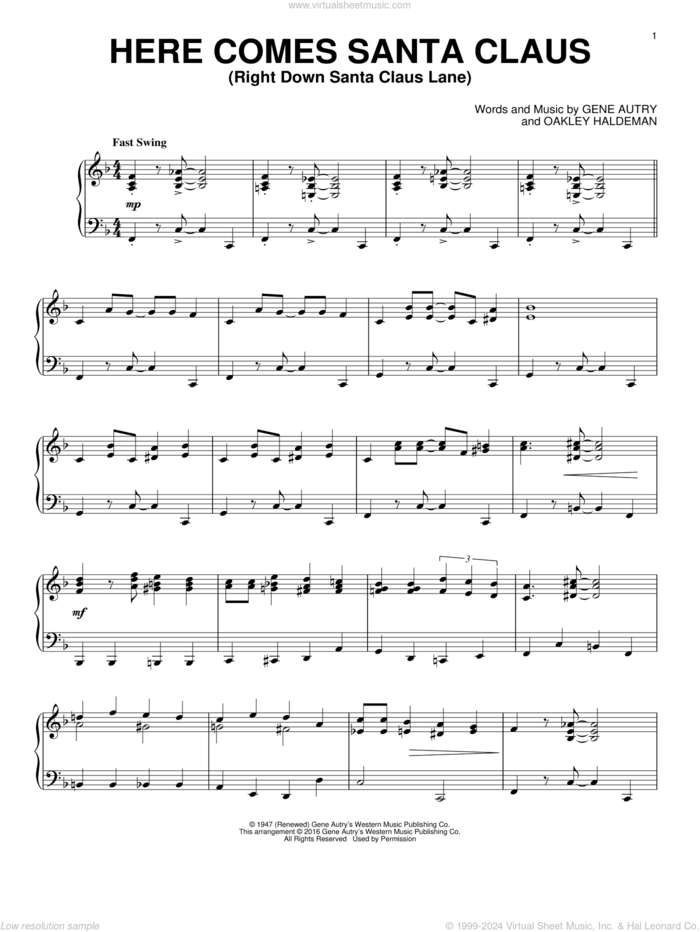 Here Comes Santa Claus (Right Down Santa Claus Lane) sheet music for piano solo by Gene Autry and Oakley Haldeman, intermediate skill level