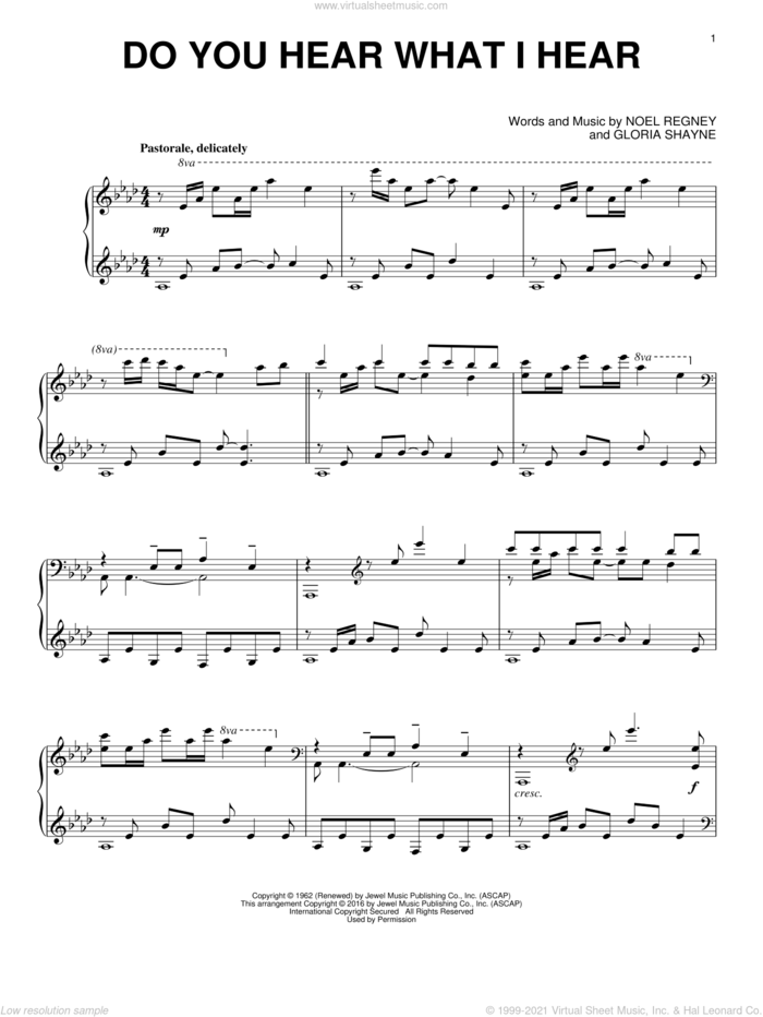 Do You Hear What I Hear, (intermediate) sheet music for piano solo by Gloria Shayne, Carole King and Noel Regney, intermediate skill level