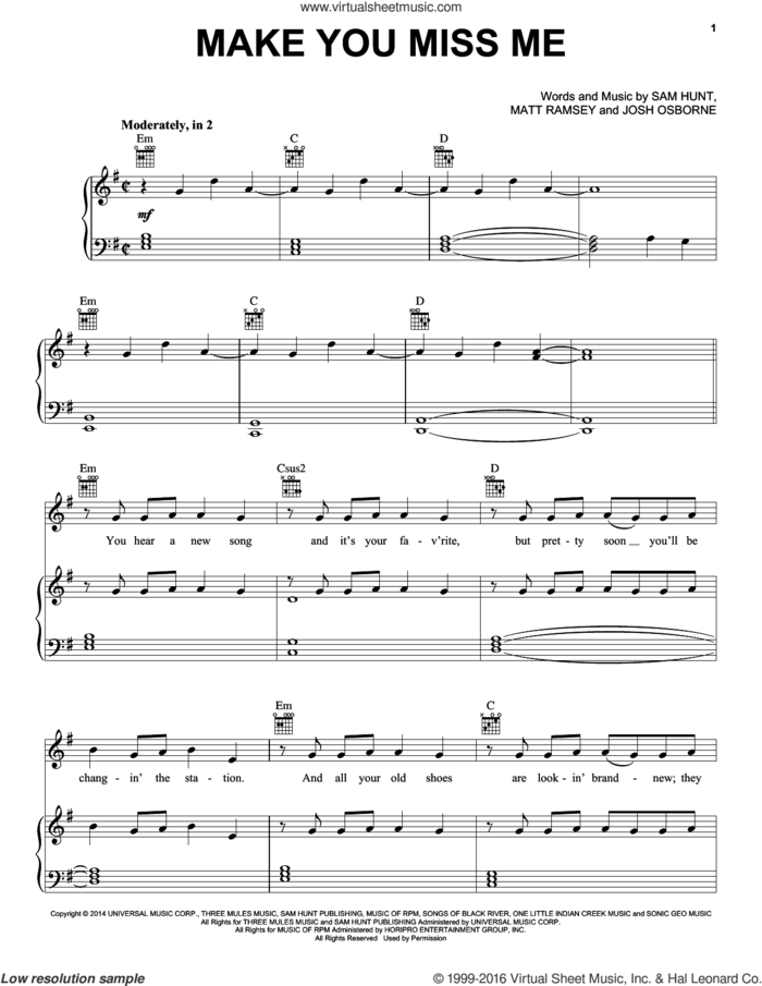 Make You Miss Me sheet music for voice, piano or guitar by Sam Hunt, Josh Osborne and Matthew Ramsey, intermediate skill level