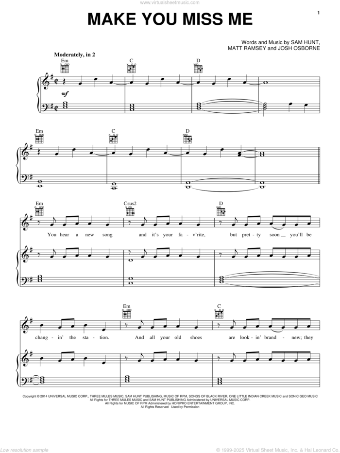 Make You Miss Me sheet music for voice, piano or guitar by Sam Hunt, Josh Osborne and Matthew Ramsey, intermediate skill level