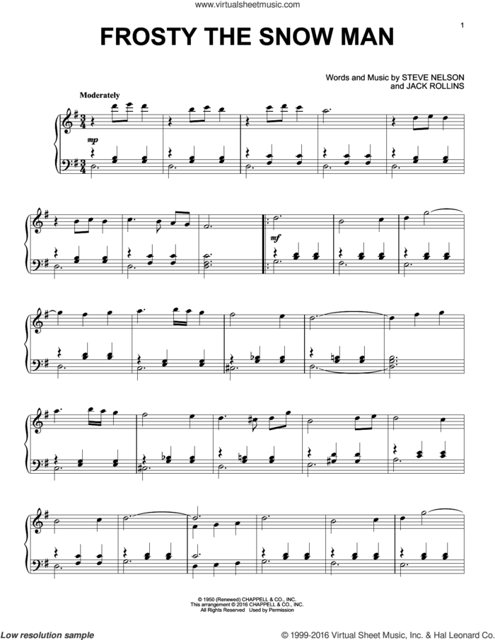 Frosty The Snow Man sheet music for piano solo by Gene Autry, Jack Rollins and Steve Nelson, intermediate skill level