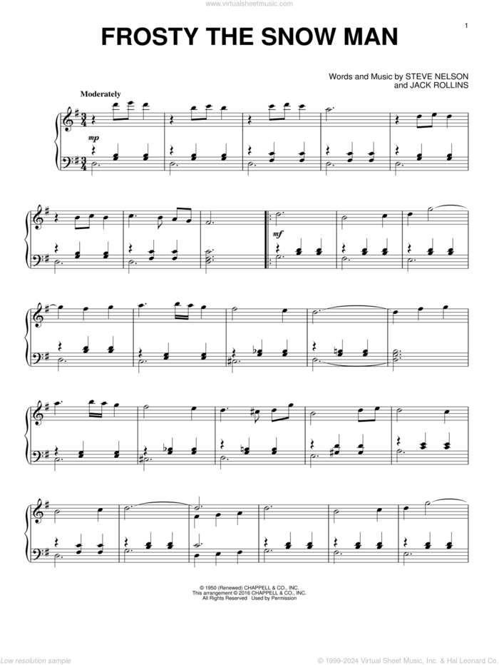 Frosty The Snow Man sheet music for piano solo by Gene Autry, Jack Rollins and Steve Nelson, intermediate skill level