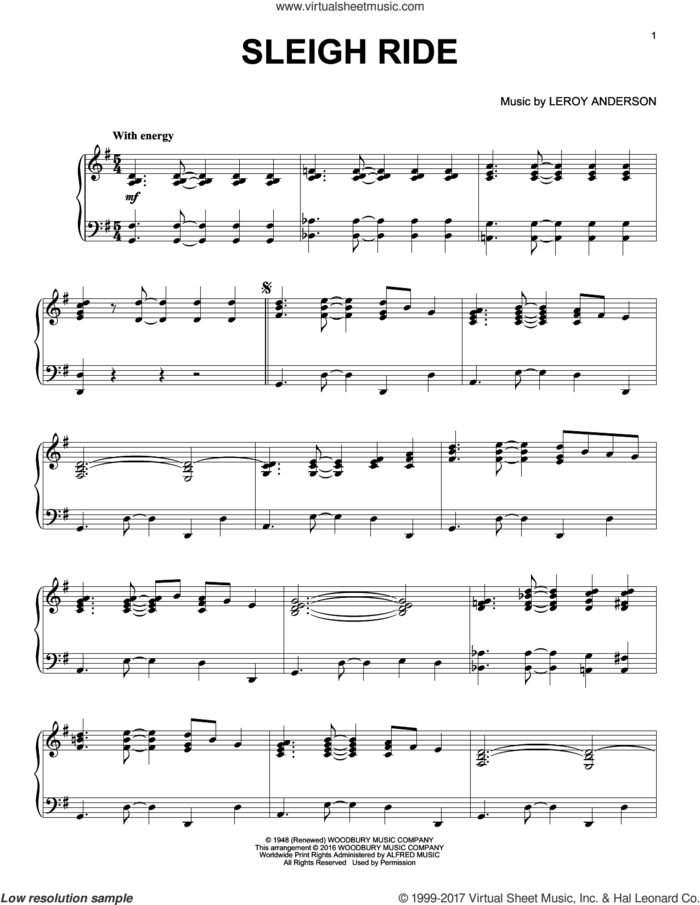 Sleigh Ride, (intermediate) sheet music for piano solo by Leroy Anderson and Mitchell Parish, intermediate skill level