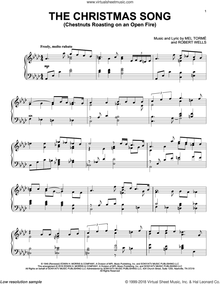 The Christmas Song (Chestnuts Roasting On An Open Fire) sheet music for piano solo by Mel Tormé, King Cole Trio, Mel Torme and Robert Wells, intermediate skill level