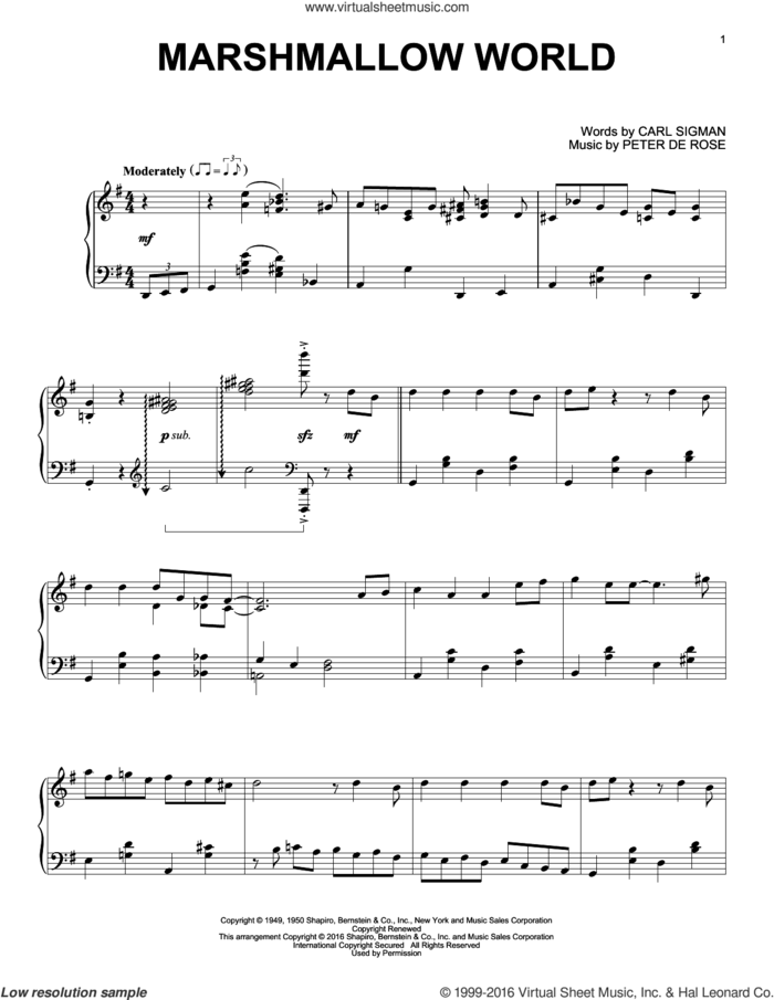 A Marshmallow World, (intermediate) sheet music for piano solo by Carl Sigman and Peter DeRose, intermediate skill level