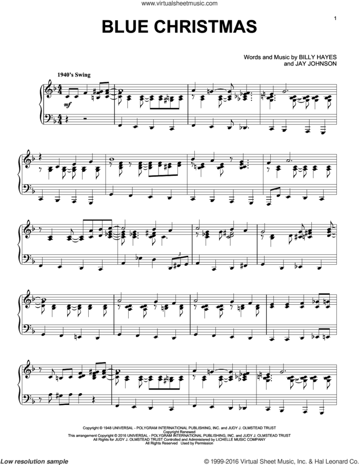 Blue Christmas, (intermediate) sheet music for piano solo by Elvis Presley, Browns, Elvis Presley with Martina McBride, Billy Hayes and Jay Johnson, intermediate skill level