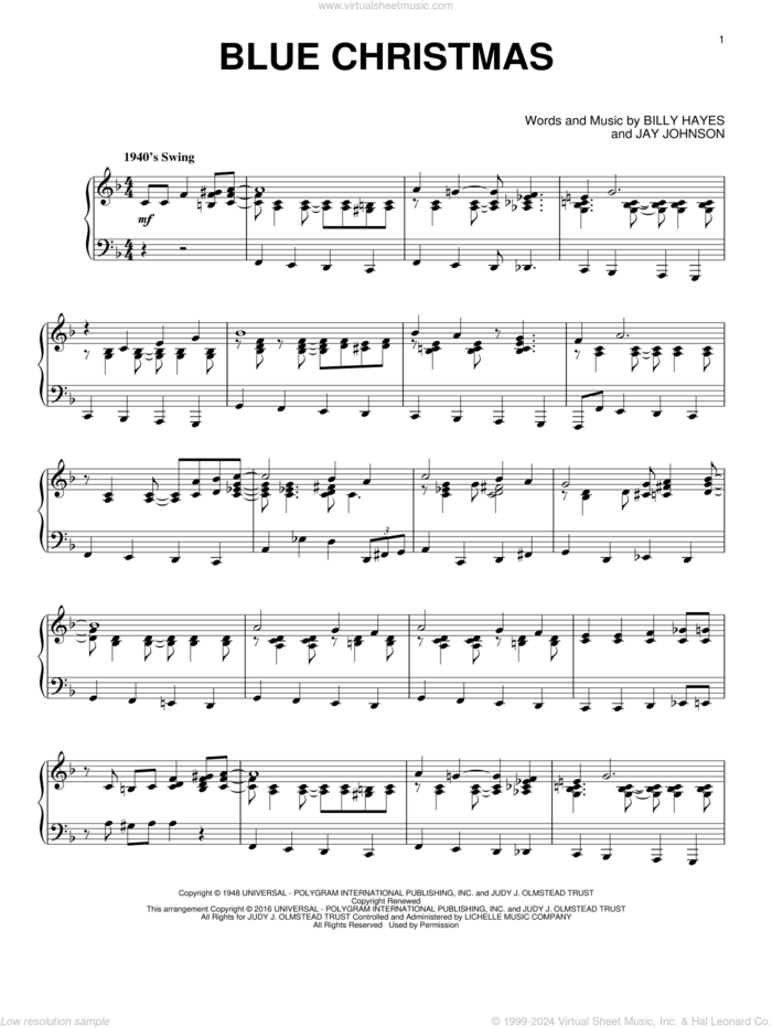 Blue Christmas, (intermediate) sheet music for piano solo by Elvis Presley, Browns, Elvis Presley with Martina McBride, Billy Hayes and Jay Johnson, intermediate skill level