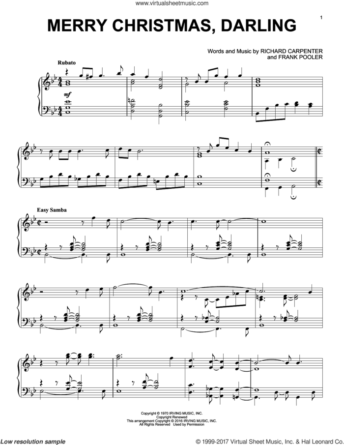 Merry Christmas, Darling sheet music for piano solo by Carpenters, Frank Pooler and Richard Carpenter, intermediate skill level