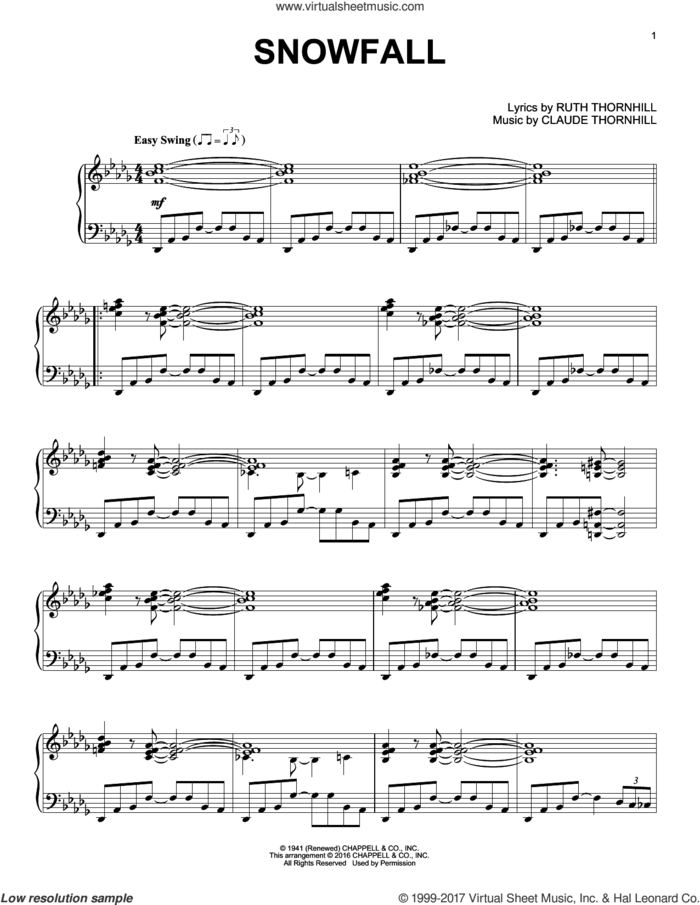 Snowfall sheet music for piano solo by Tony Bennett, Claude Thornhill and Ruth Thornhill, intermediate skill level