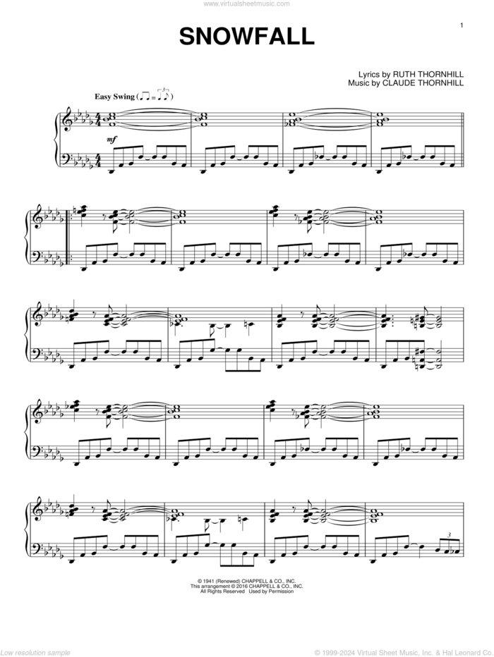 Snowfall sheet music for piano solo by Tony Bennett, Claude Thornhill and Ruth Thornhill, intermediate skill level