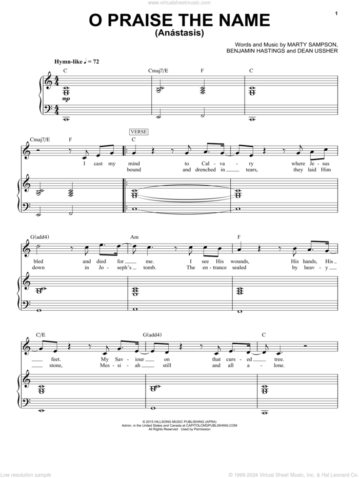 O Praise The Name (Anastasis) sheet music for voice and piano by Hillsong Worship, Benjamin Hastings, Dean Ussher and Marty Sampson, intermediate skill level