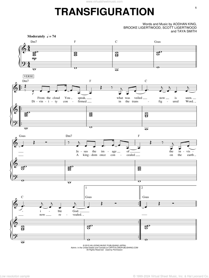 Transfiguration sheet music for voice and piano by Hillsong Worship, Aodhan King, Brooke Ligertwood, Scott Ligertwood and Taya Smith, intermediate skill level