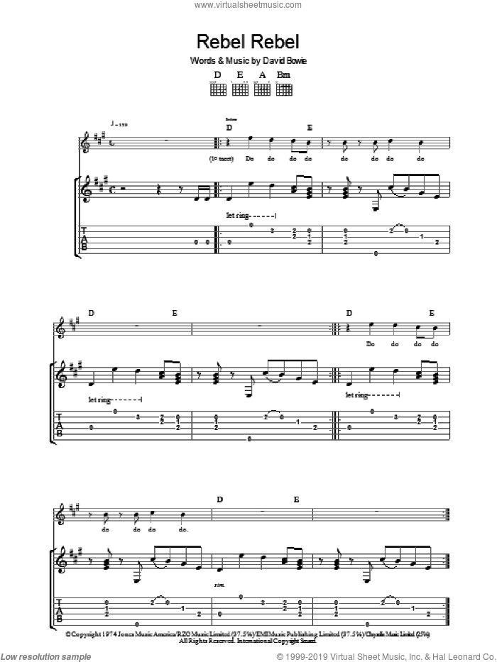Rebel Rebel sheet music for guitar (tablature) by David Bowie, intermediate skill level