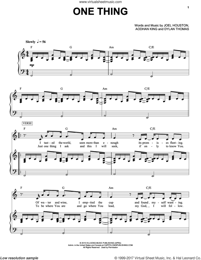 One Thing sheet music for voice and piano by Hillsong Worship, Aodhan King, Dylan Thomas and Joel Houston, intermediate skill level