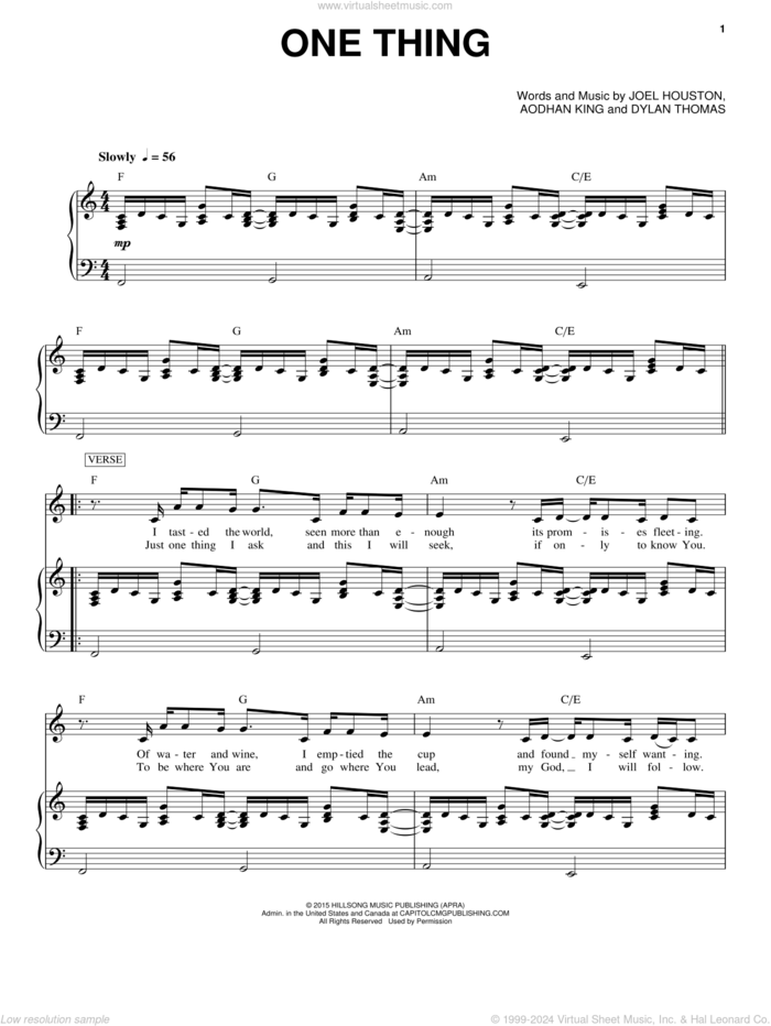 One Thing sheet music for voice and piano by Hillsong Worship, Aodhan King, Dylan Thomas and Joel Houston, intermediate skill level