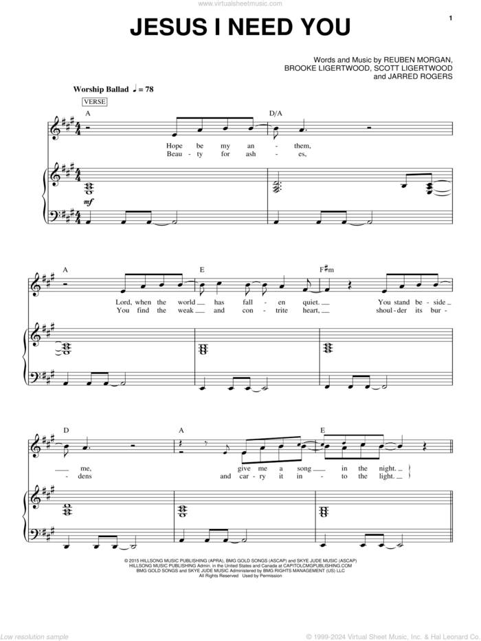 Jesus I Need You sheet music for voice and piano by Hillsong Worship, Brooke Ligertwood, Jarred Rogers, Reuben Morgan and Scott Ligertwood, intermediate skill level