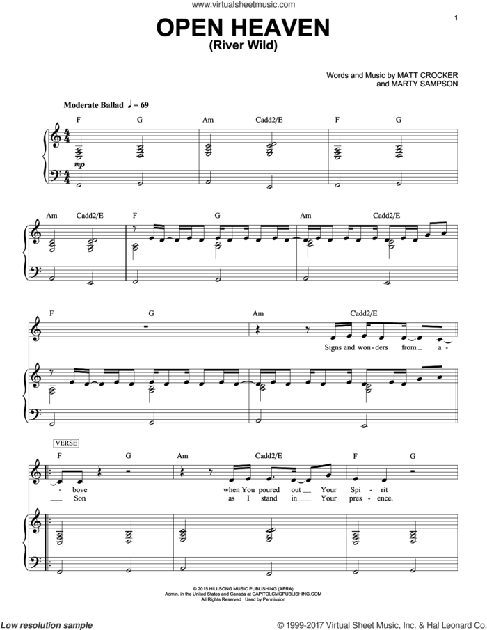 Open Heaven (River Wild) sheet music for voice and piano by Hillsong Worship, Marty Sampson and Matt Crocker, intermediate skill level