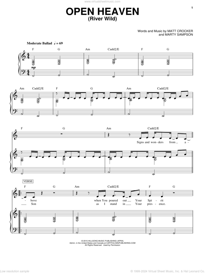 Open Heaven (River Wild) sheet music for voice and piano by Hillsong Worship, Marty Sampson and Matt Crocker, intermediate skill level