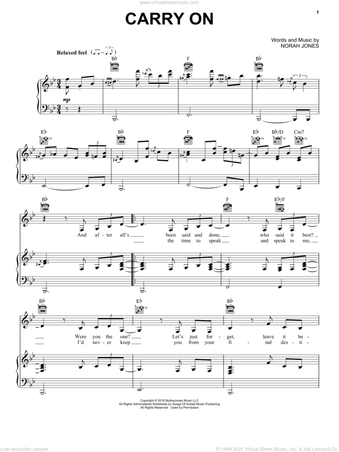 Carry On sheet music for voice, piano or guitar by Norah Jones, intermediate skill level