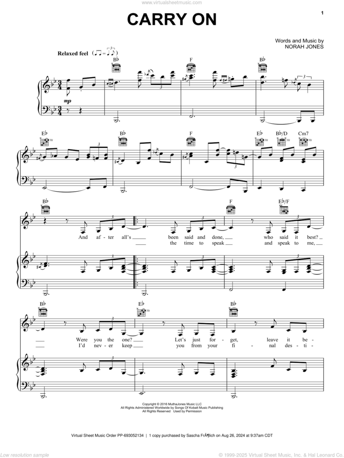 Carry On sheet music for voice, piano or guitar by Norah Jones, intermediate skill level