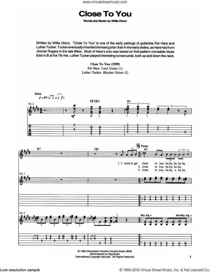 Close To You (I Wanna Get) sheet music for guitar (tablature) by Muddy Waters, Luther Tucker, Pat Hare and Willie Dixon, intermediate skill level