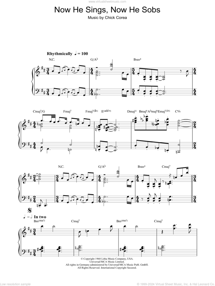 Now He Sings, Now He Sobs sheet music for piano solo by Chick Corea, intermediate skill level