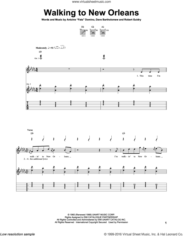 Walking To New Orleans sheet music for guitar (tablature) by Fats Domino, Antoine 'Fats' Domino, Dave Bartholomew and Robert Guidry, intermediate skill level