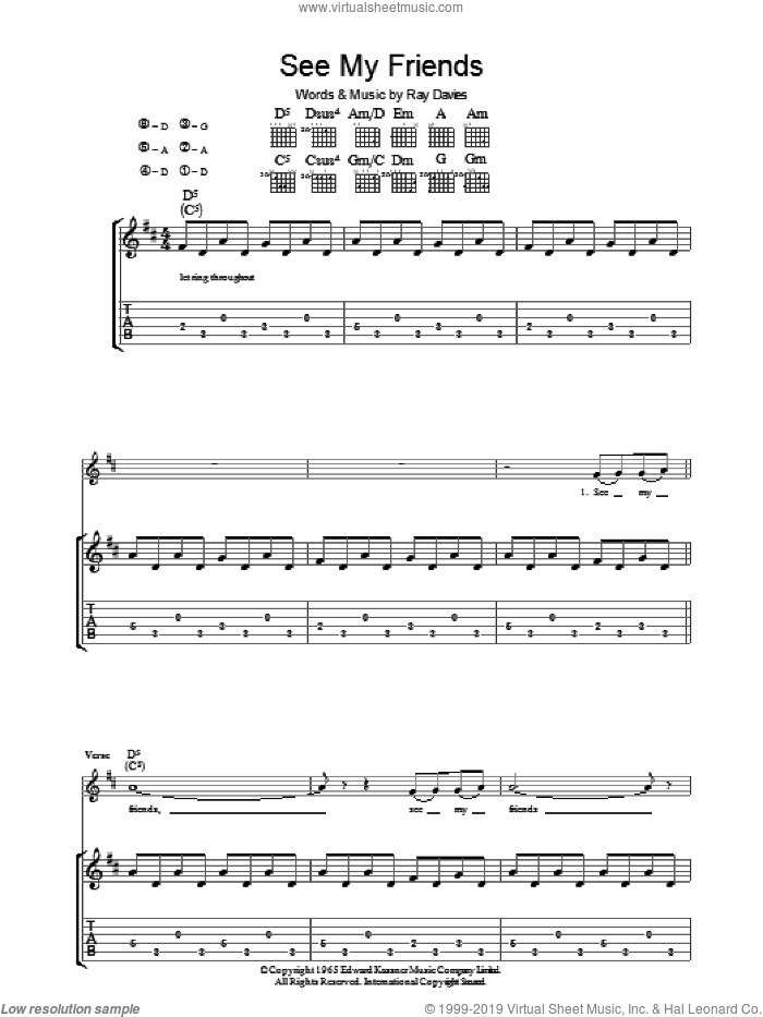 See My Friends sheet music for guitar (tablature) by The Kinks and Ray Davies, intermediate skill level