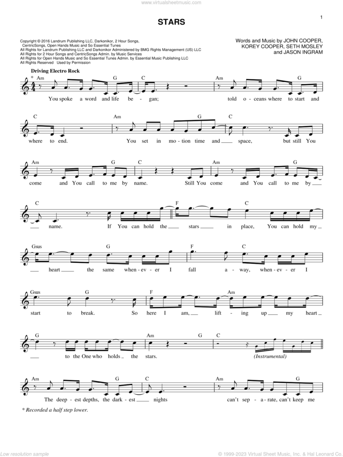 Stars sheet music for voice and other instruments (fake book) by Skillet, Jason Ingram, John Cooper, Korey Cooper and Seth Mosley, intermediate skill level